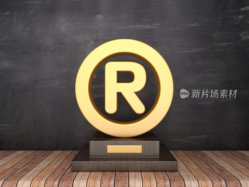奖杯与商标在木地板-黑板背景- 3D渲染